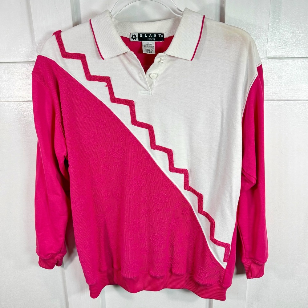 Blast Petites Pink White Zig‎ Zag Geometric Pattern Sweatshirt Pullover Top M